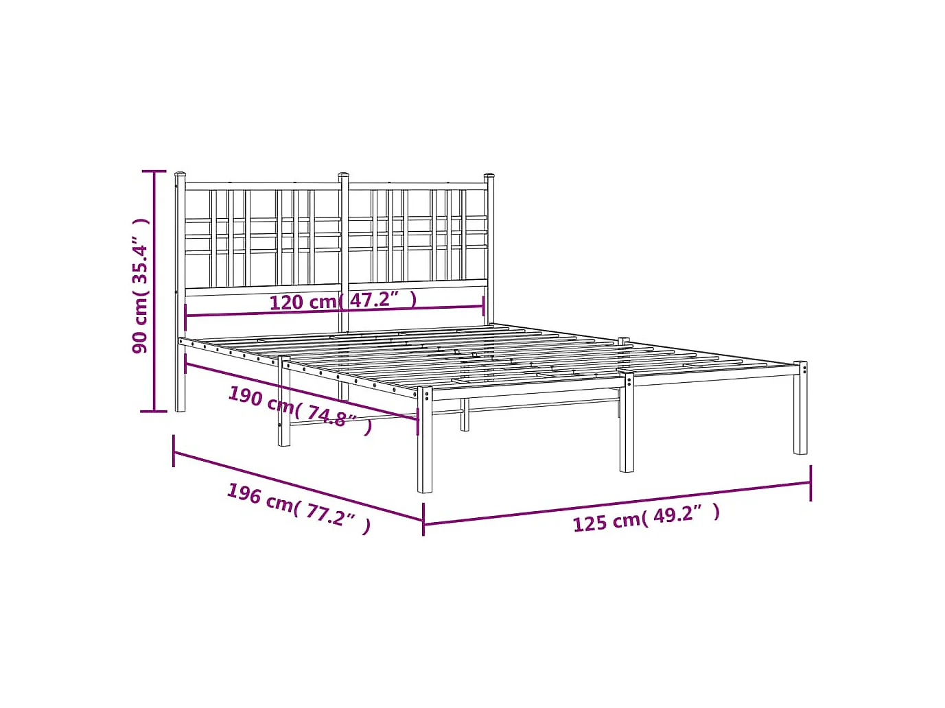 Cadre de lit métal sans matelas et tête de lit blanc 120x190 cm
