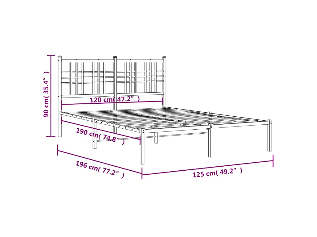 Cadre de lit métal sans matelas et tête de lit blanc 120x190 cm