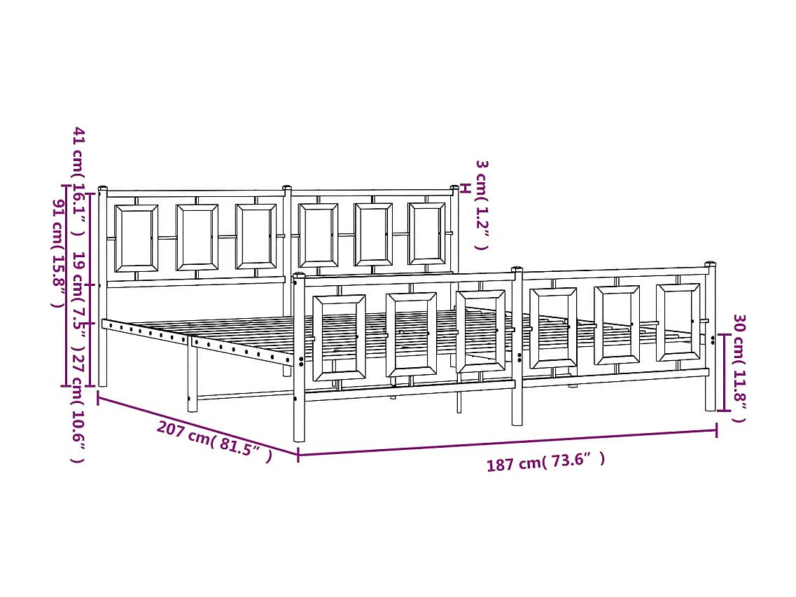 Cadre de lit métal sans matelas et pied de lit blanc 180x200 cm
