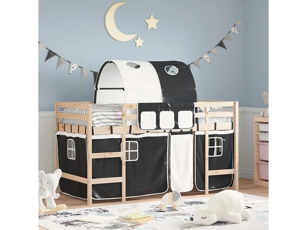 Kinderhochbett mit Tunnel Weiß & Schwarz 90x190 cm Kiefernholz