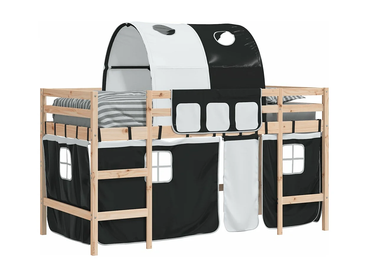 Kinderhochbett mit Tunnel Weiß & Schwarz 90x190 cm Kiefernholz