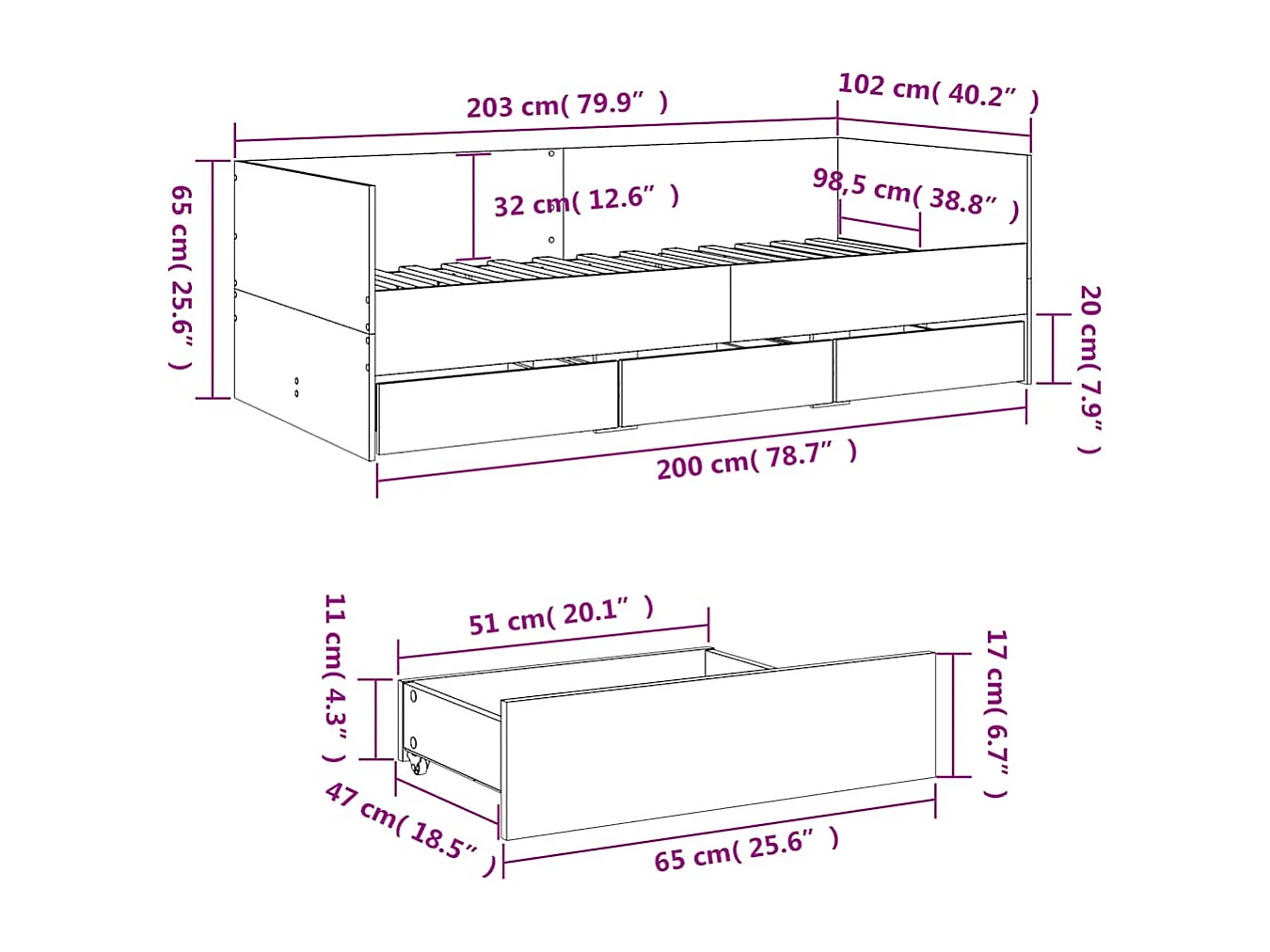 Slaapbank met lades zonder matras 100x200 cm gerookt eikenkleur