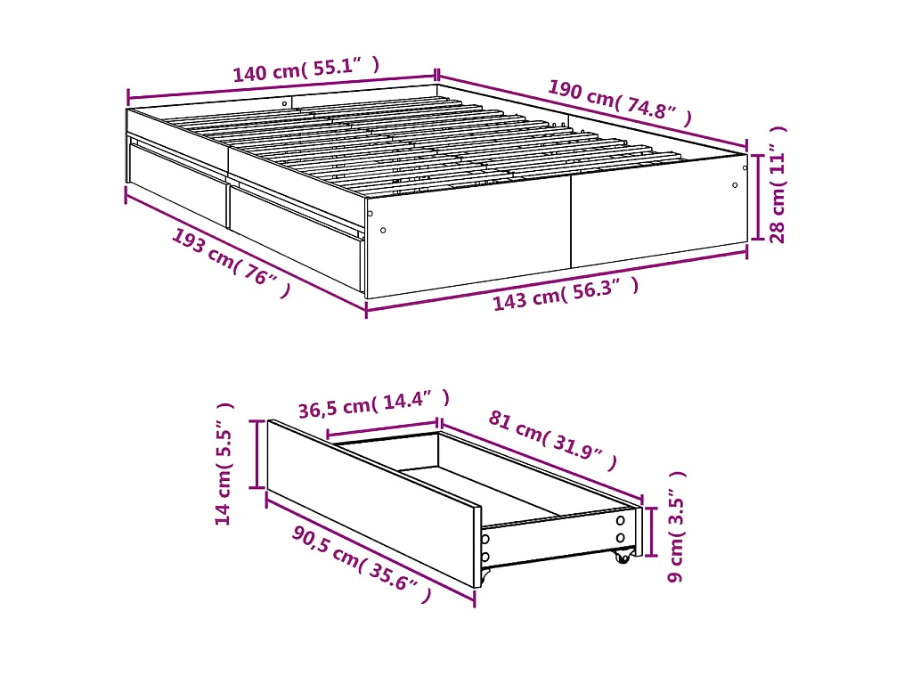 Giroletto Cassetti Rovere Sonoma 140x190 cm Legno Multistrato