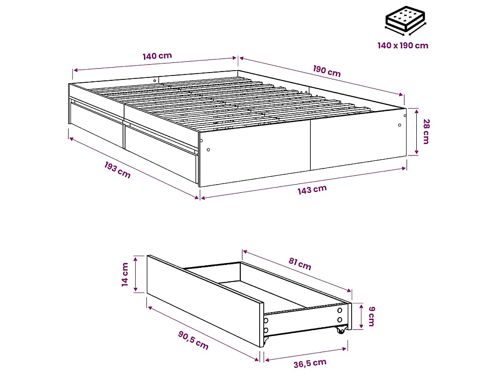 Cadre de lit avec tiroirs sans matelas chêne sonoma 140x190 cm