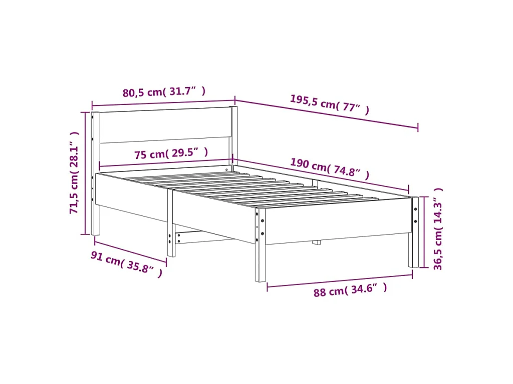 Bedframe zonder matras massief grenenhout wit 75x190 cm