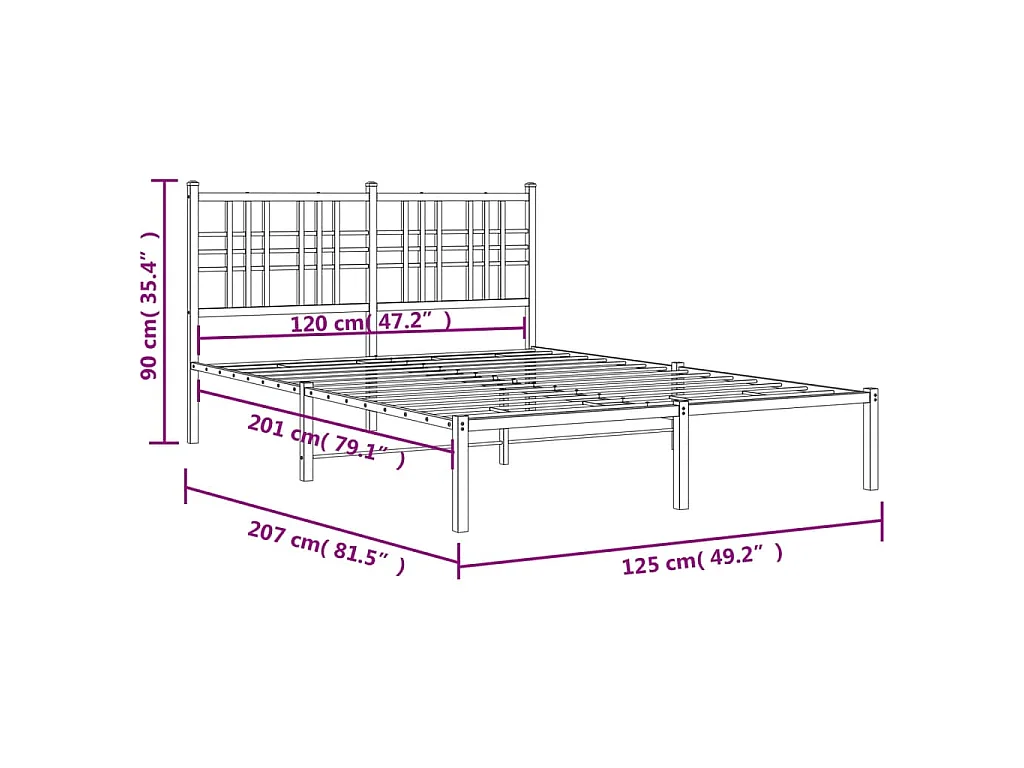 Cadre de lit métal sans matelas avec tête de lit noir 120x200cm