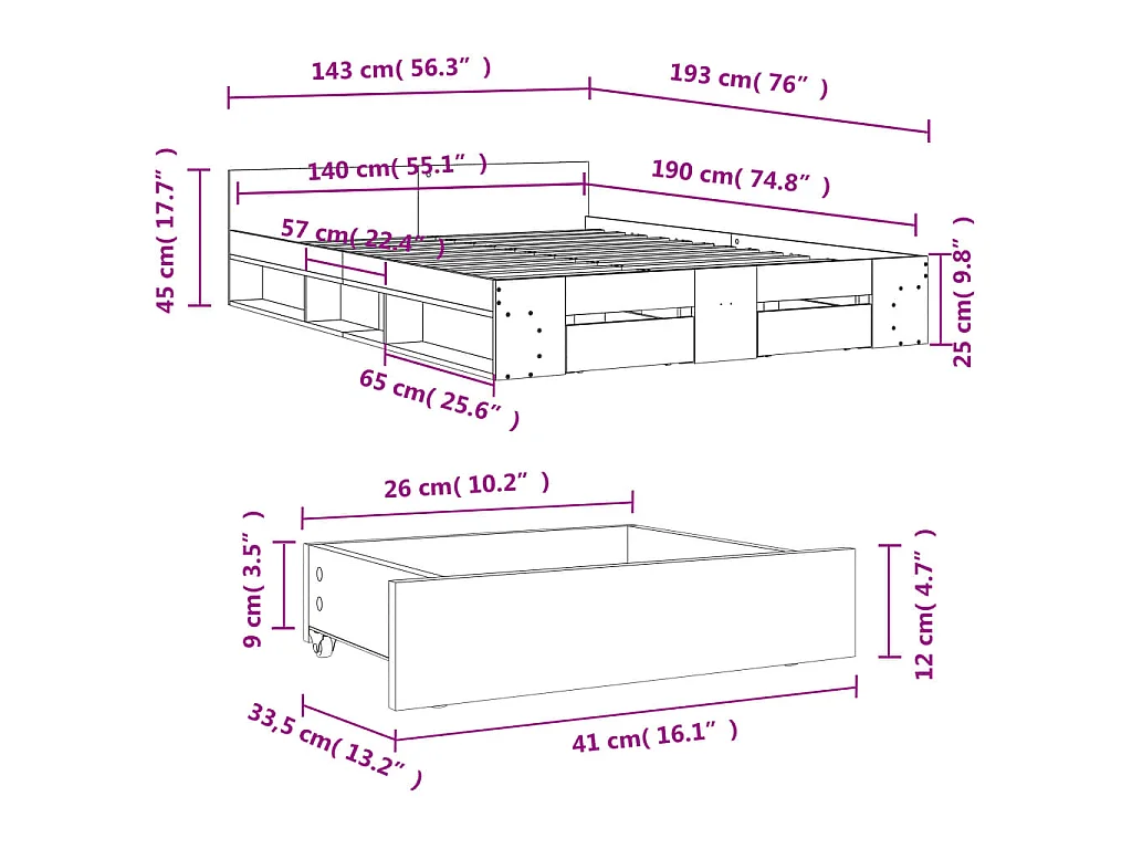 Giroletto Cassetti Grigio Cemento 140x190 cm Legno Multistrato