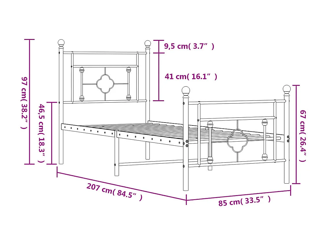 Cadre de lit métal sans matelas avec pied de lit noir 80x200 cm
