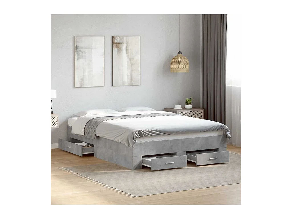 Cadre de lit avec tiroirs sans matelas gris béton 135x190 cm