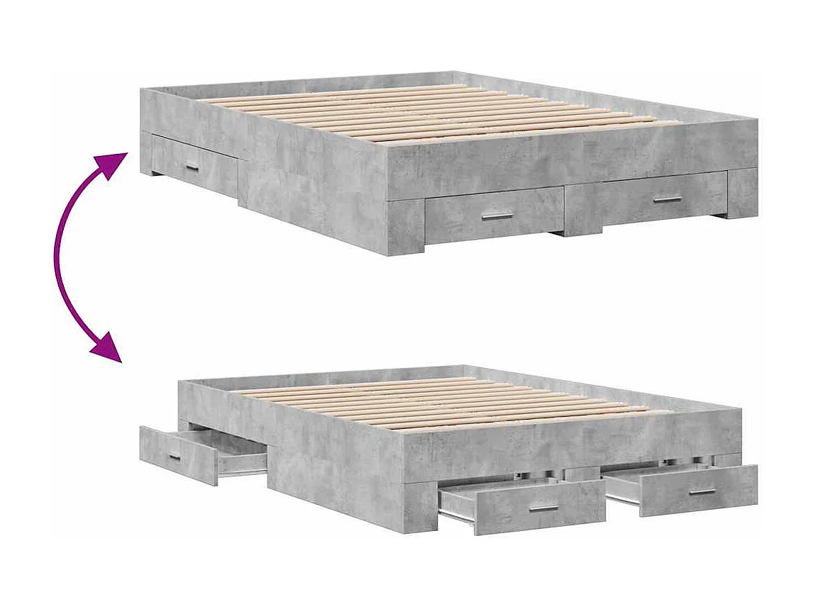Cadre de lit avec tiroirs sans matelas gris béton 135x190 cm