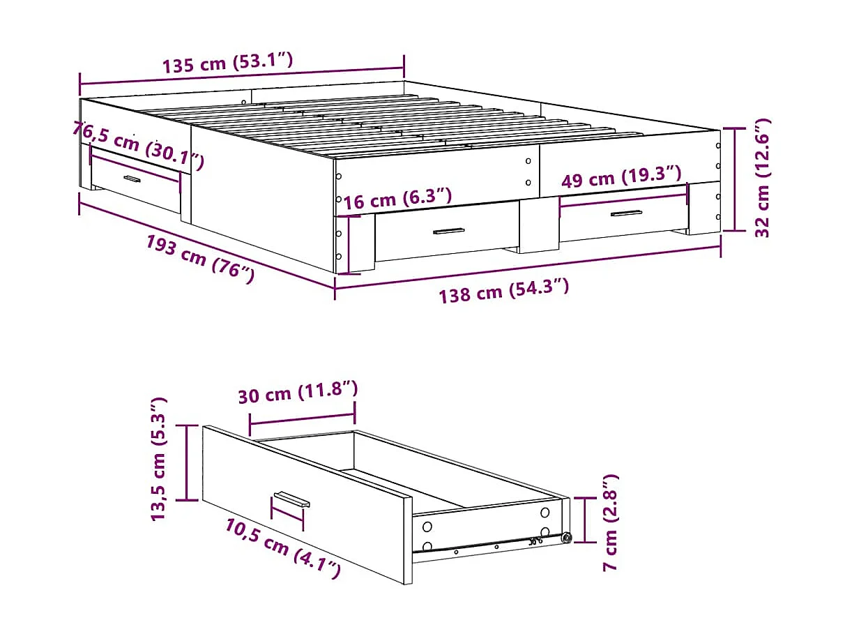 Cadre de lit avec tiroirs sans matelas gris béton 135x190 cm