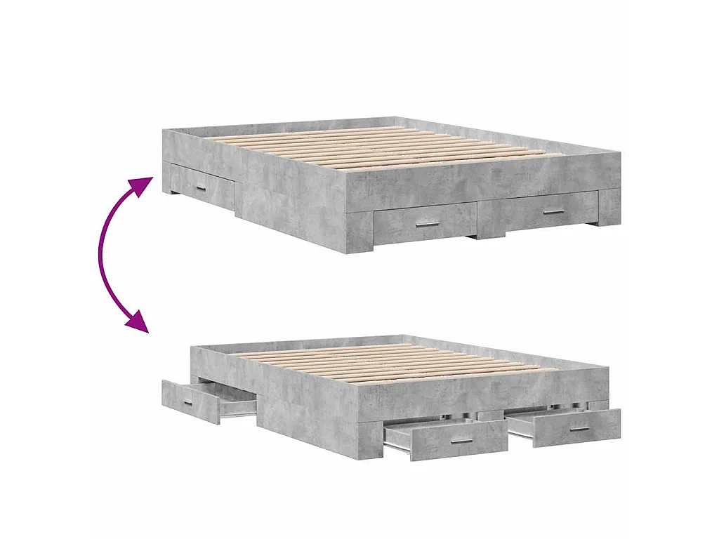 Cadre de lit avec tiroirs sans matelas gris béton 135x190 cm