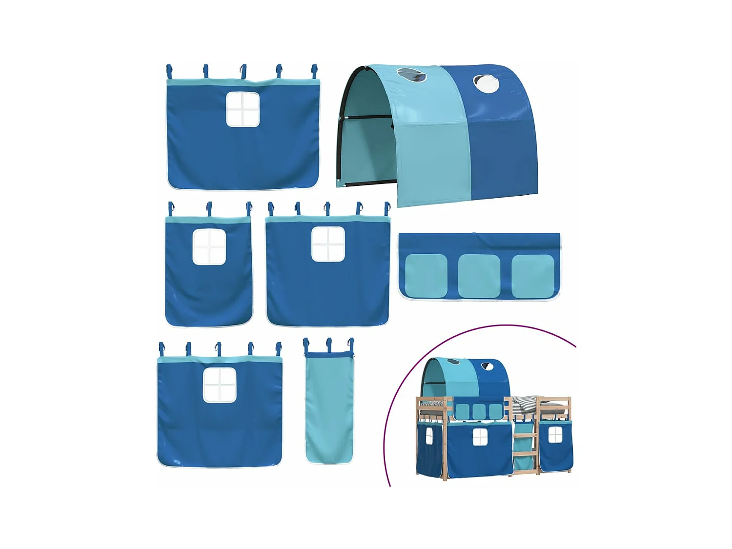 Etagenbett mit Vorhängen Blau 90x190 cm Massivholz Kiefer