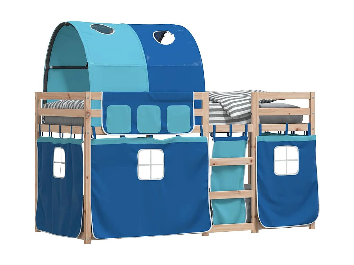 Etagenbett mit Vorhängen Blau 90x190 cm Massivholz Kiefer