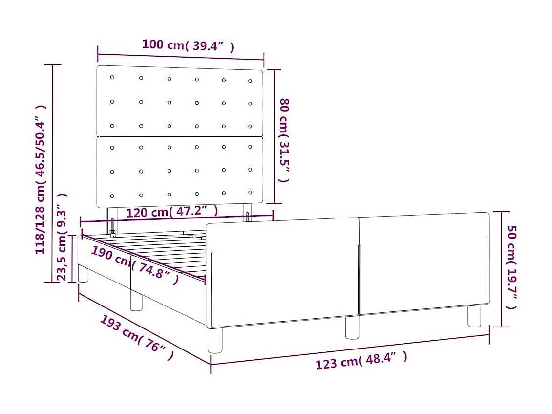 Cadre de lit sans matelas marron foncé 120x190 cm tissu