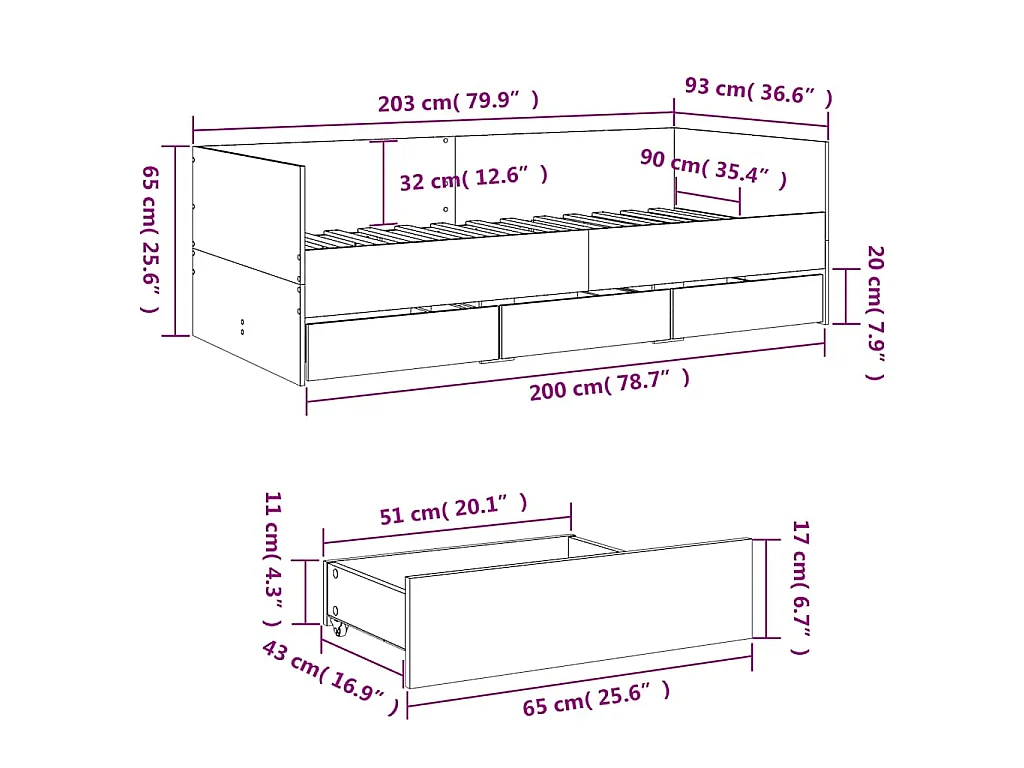Slaapbank met lades zonder matras 90x200 cm grijs sonoma eiken