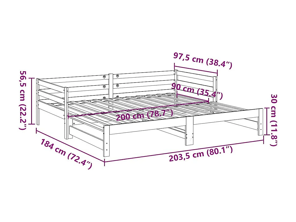 Slaapbank met onderschuifbed 90x200 cm massief grenenhout
