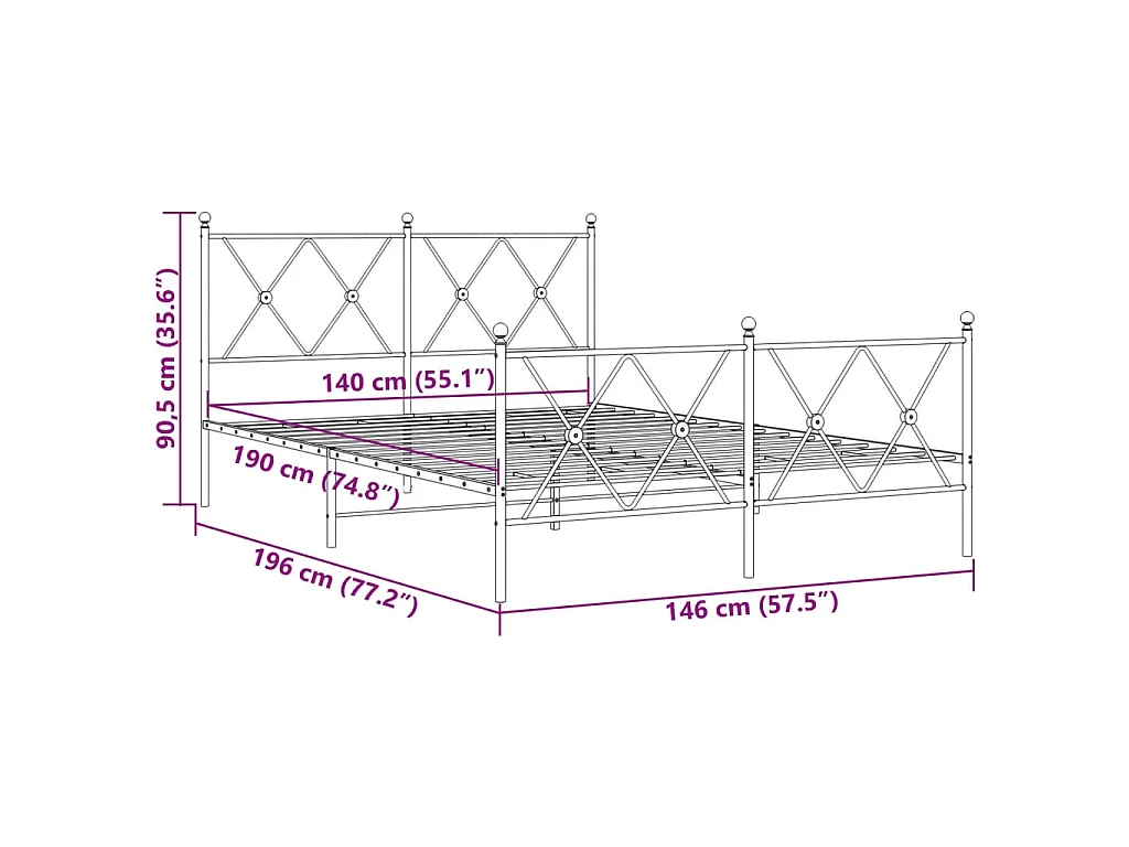 Estrutura de cama com cabeceira e pés 140x190 cm metal branco