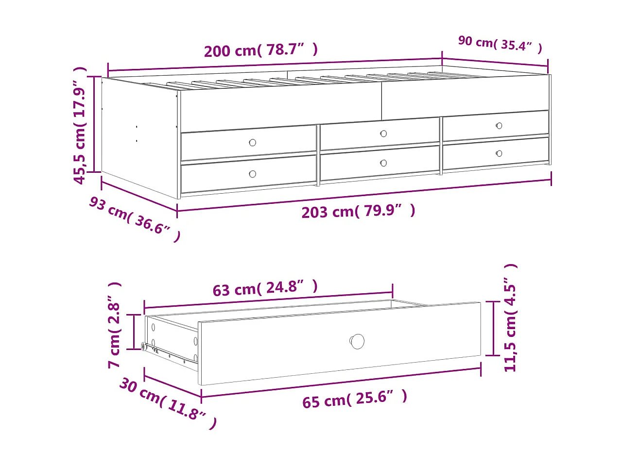 Slaapbank met lades zonder matras 90x200 cm wit