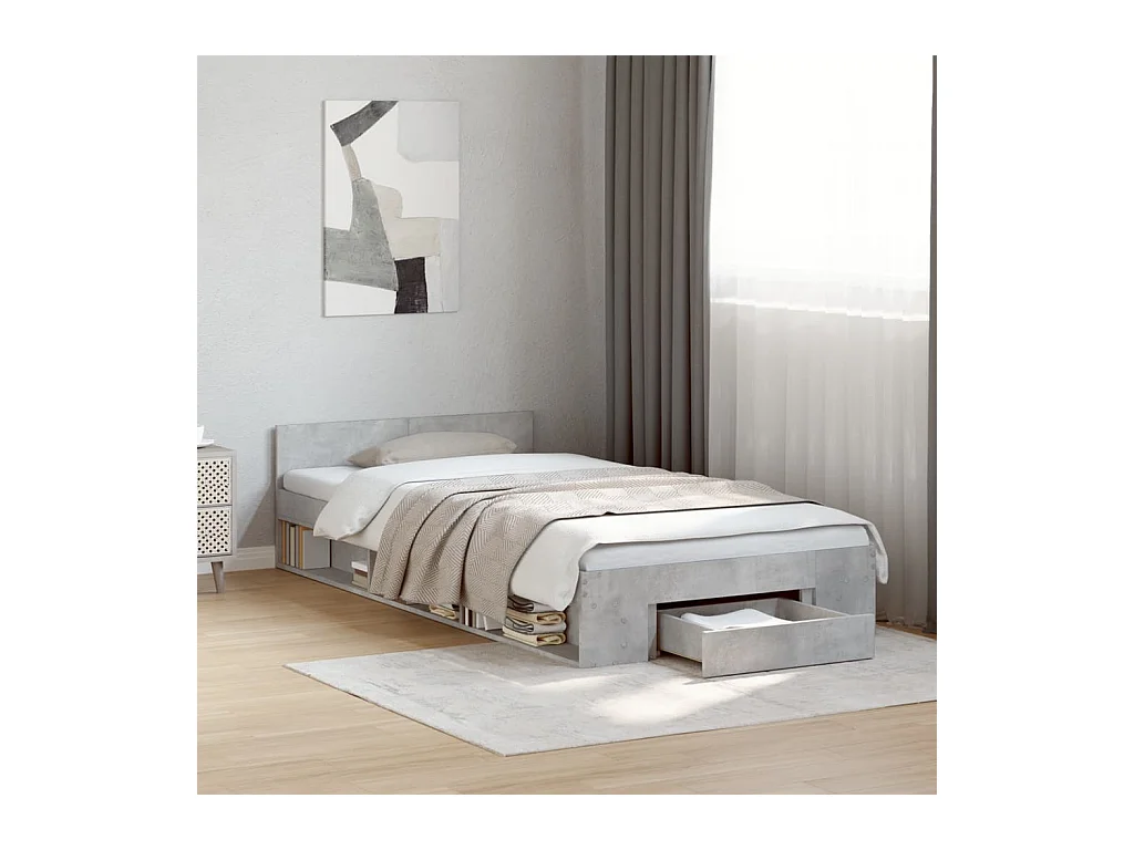 Cadre de lit avec tiroir sans matelas gris béton 100x200 cm