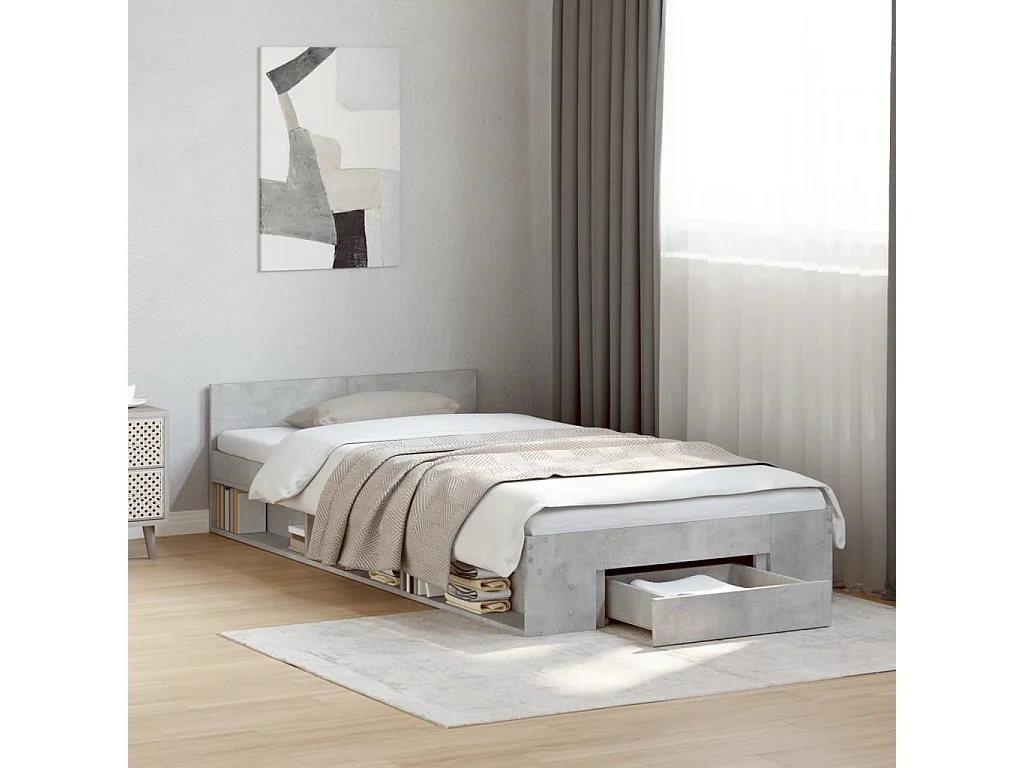 Cadre de lit avec tiroir sans matelas gris béton 100x200 cm