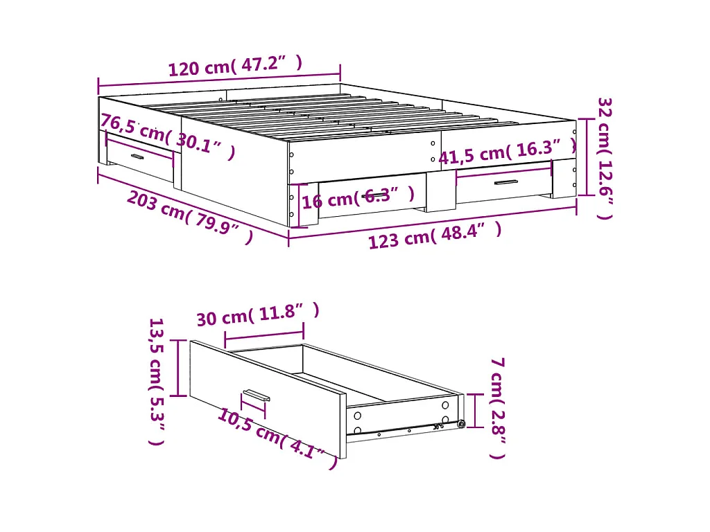 Bedframe met lades bewerkt hout betongrijs 120x200 cm