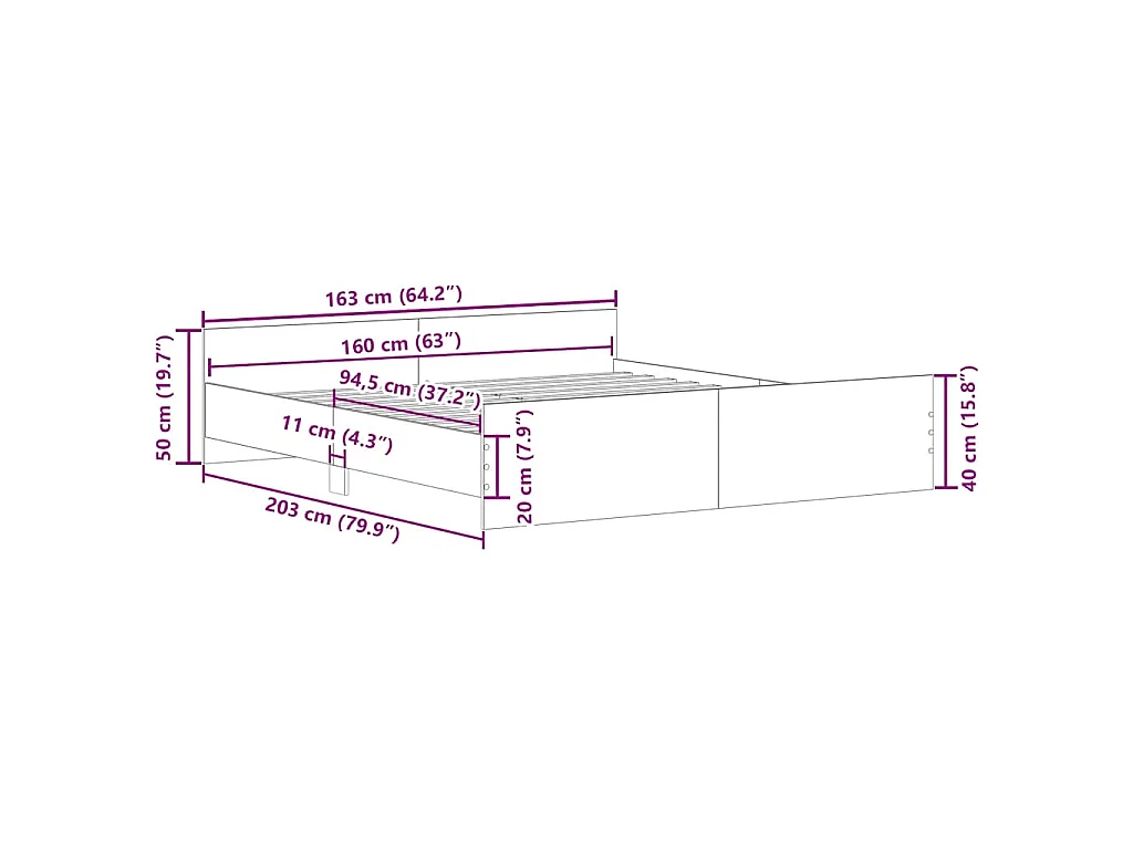 Bettgestell mit Kopf- und Fußteil Grau Sonoma 160x200 cm