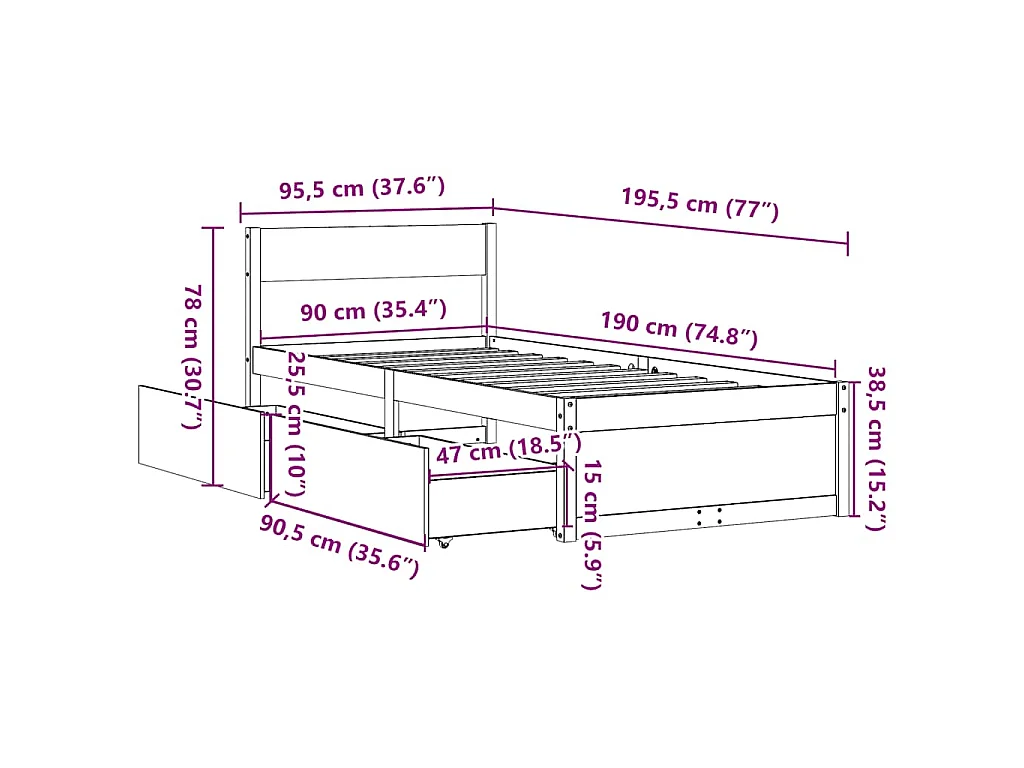 Letto senza Materasso 90x190 cm in Legno Massello di Pino