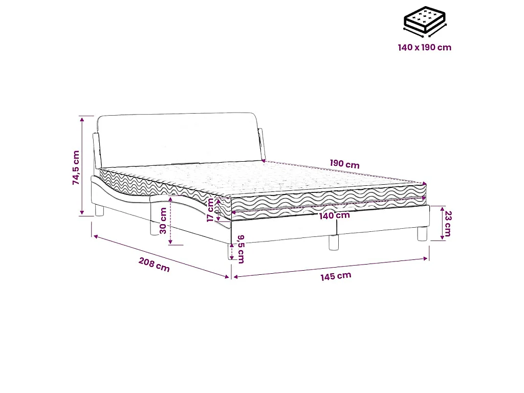 Cama con colchón Dover tela gris oscuro 140x190 cm