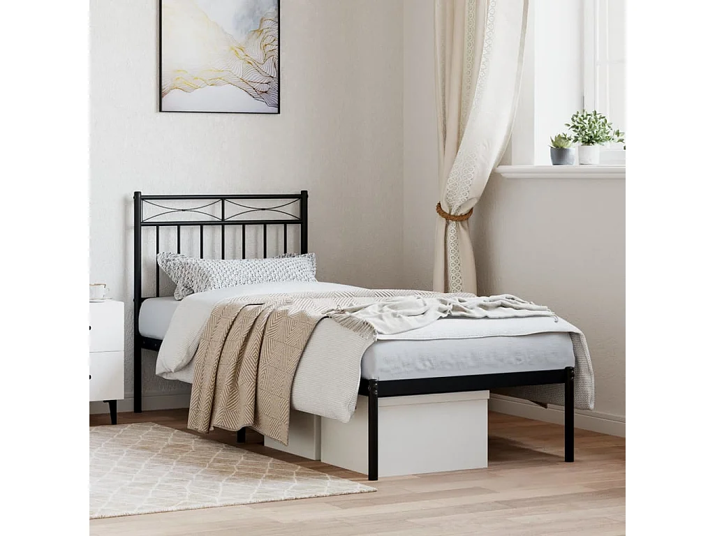 Bedframe met hoofdbord metaal zwart 75x190 cm