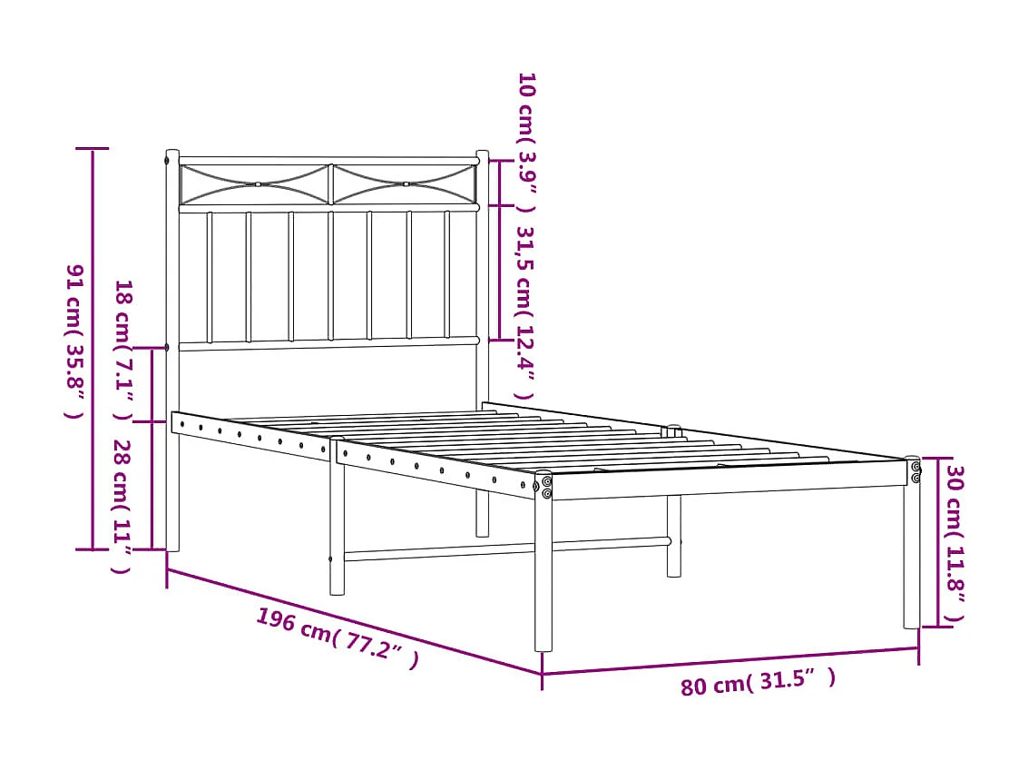 Bedframe met hoofdbord metaal zwart 75x190 cm