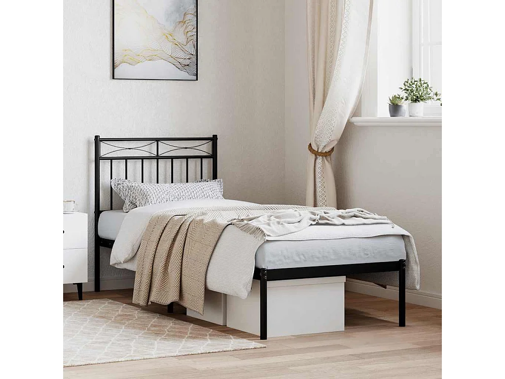 Cadre de lit métal sans matelas avec tête de lit noir 75x190 cm