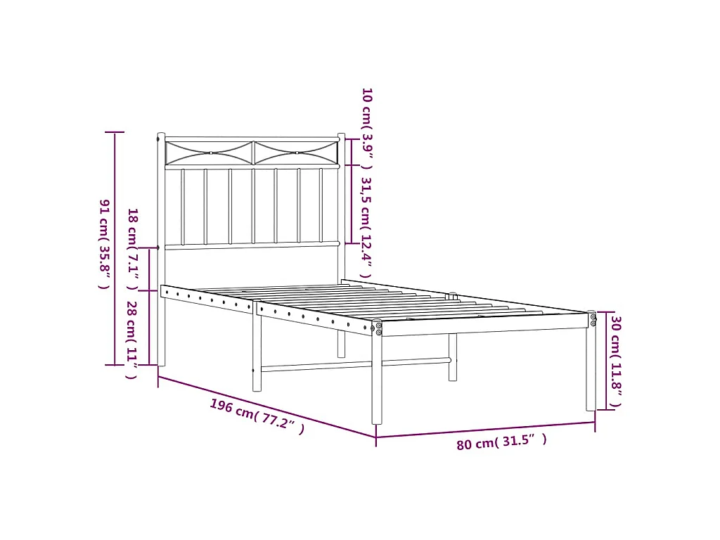 Cadre de lit métal sans matelas avec tête de lit noir 75x190 cm