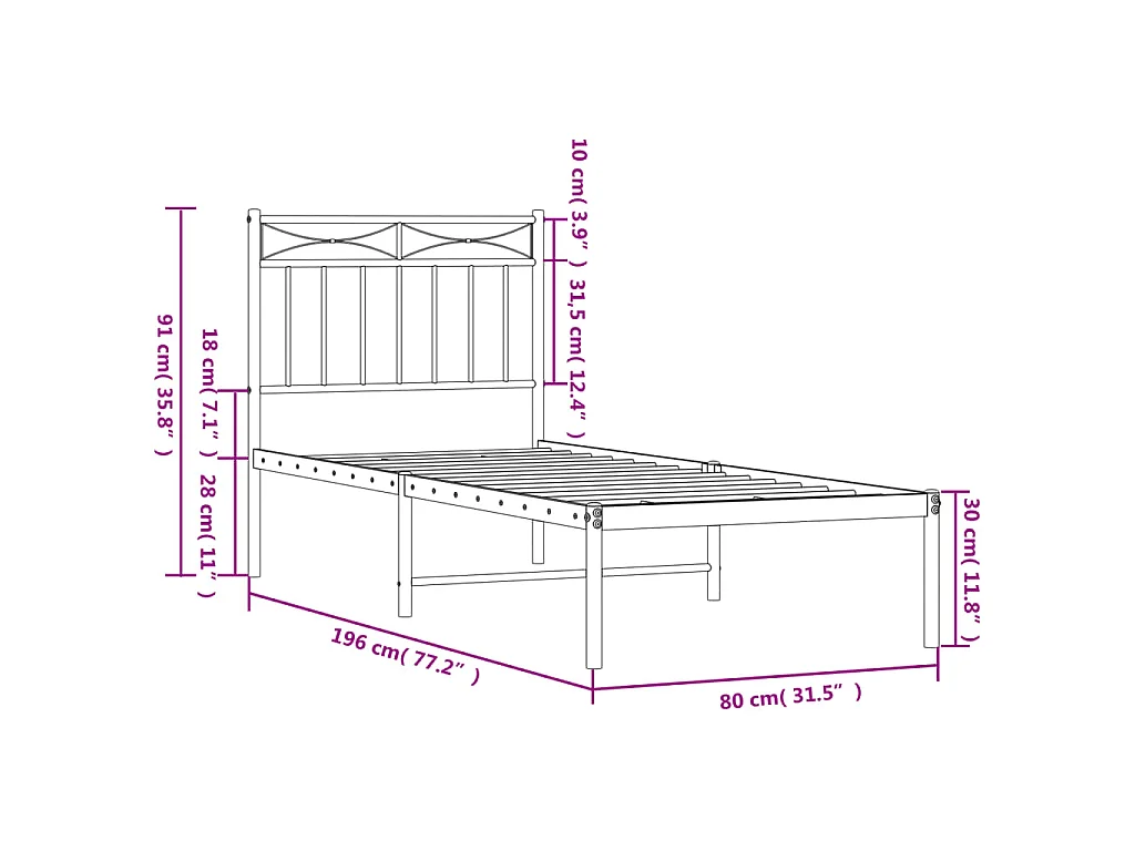 Cadre de lit métal sans matelas avec tête de lit noir 75x190 cm