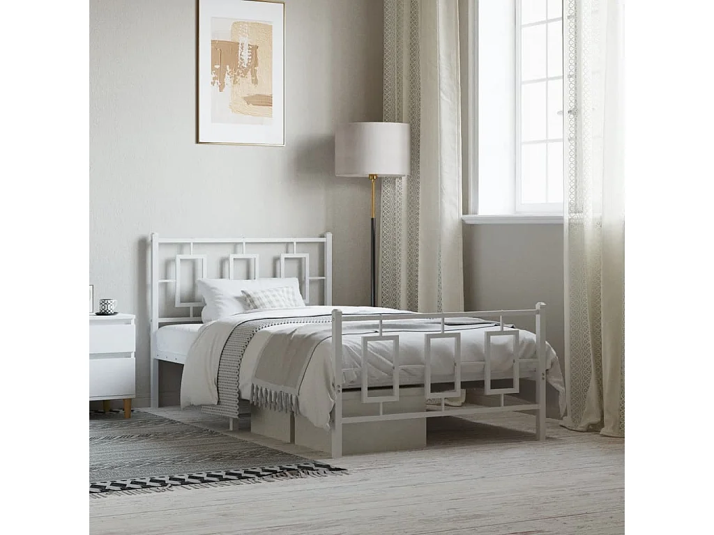 Cadre de lit métal sans matelas et pied de lit blanc 100x200 cm