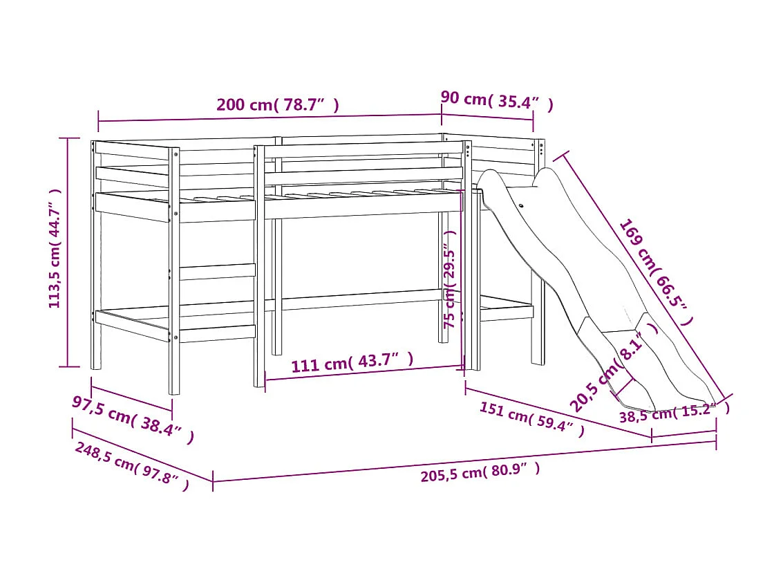 Lit mezzanine enfants avec rideaux sans matelas bleu 90x200cm