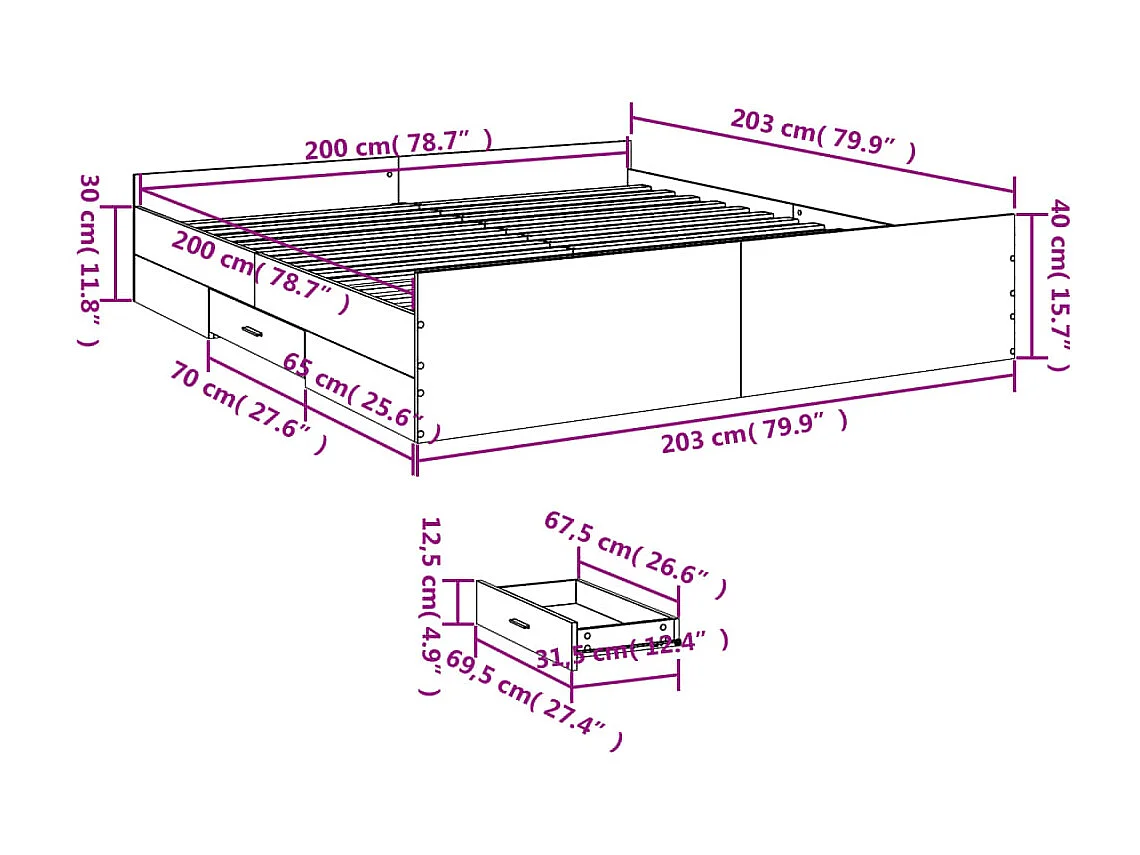 Cadre de lit avec tiroirs sans matelas blanc 200x200 cm