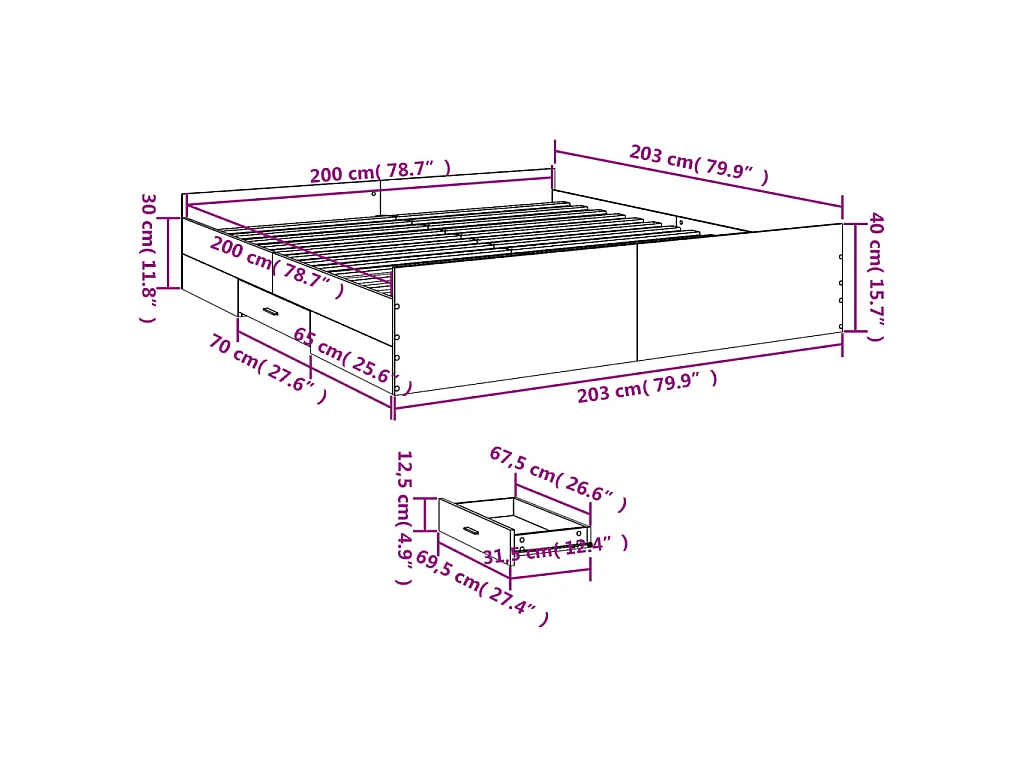 Cadre de lit avec tiroirs sans matelas blanc 200x200 cm