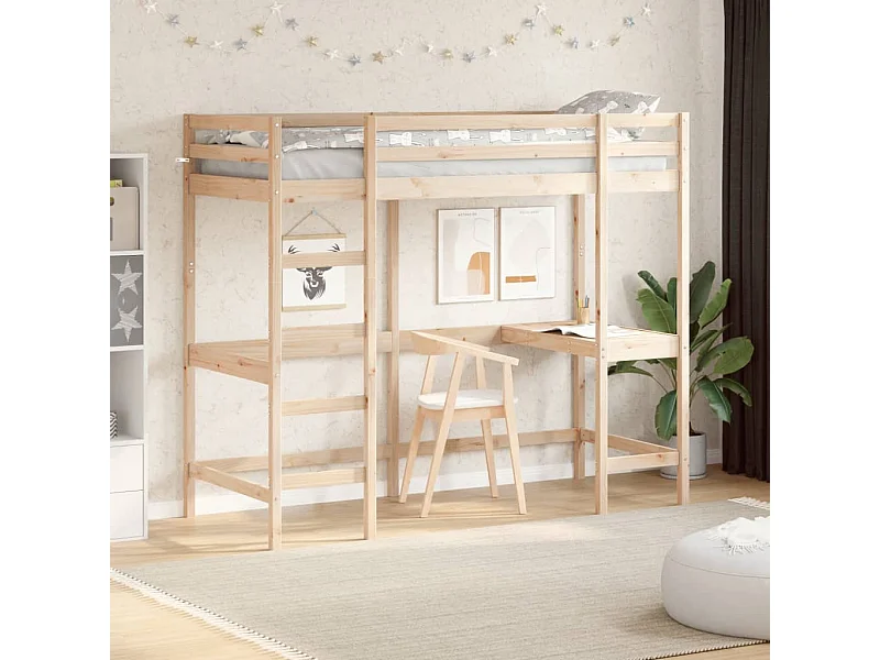 Letto Soppalco con Scrivania 80x200 cm Legno Massello Pino