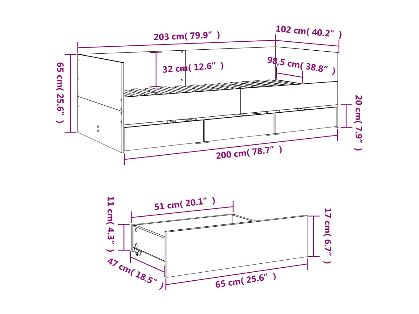 Lit de jour avec tiroirs sans matelas sonoma gris 100x200 cm