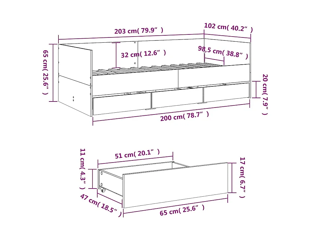 Sofá-cama com gavetas sem colchão 100x200 cm cinzento sonoma