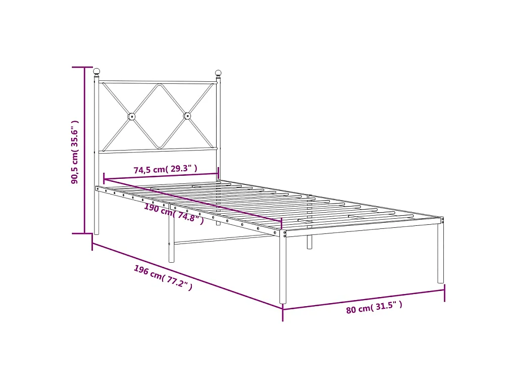 Cadre de lit métal sans matelas avec tête de lit blanc 75x190cm