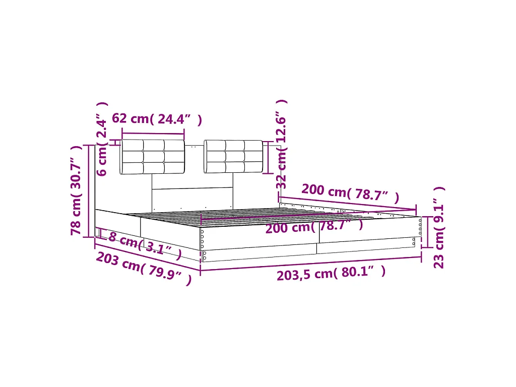Bettgestell mit Kopfteil & LED-Leuchten Sonoma-Eiche 200x200 cm