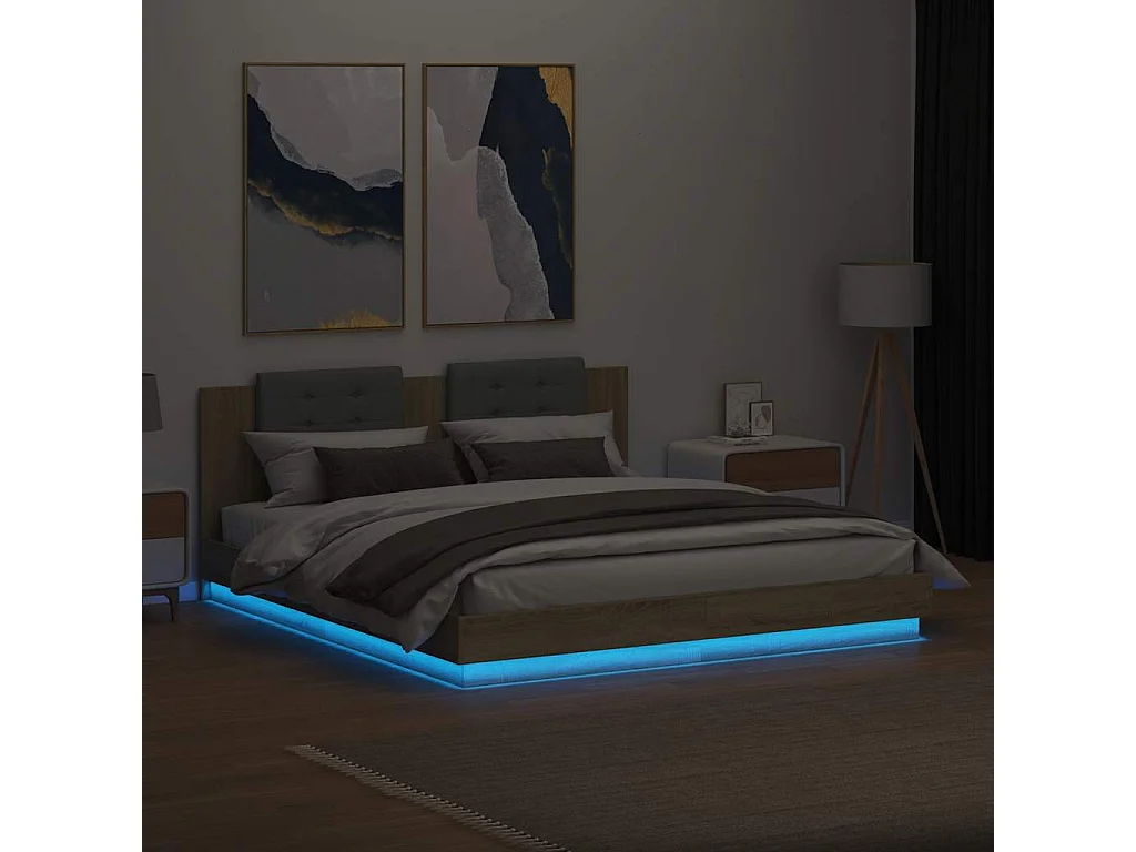 Bettgestell mit Kopfteil & LED-Leuchten Sonoma-Eiche 200x200 cm