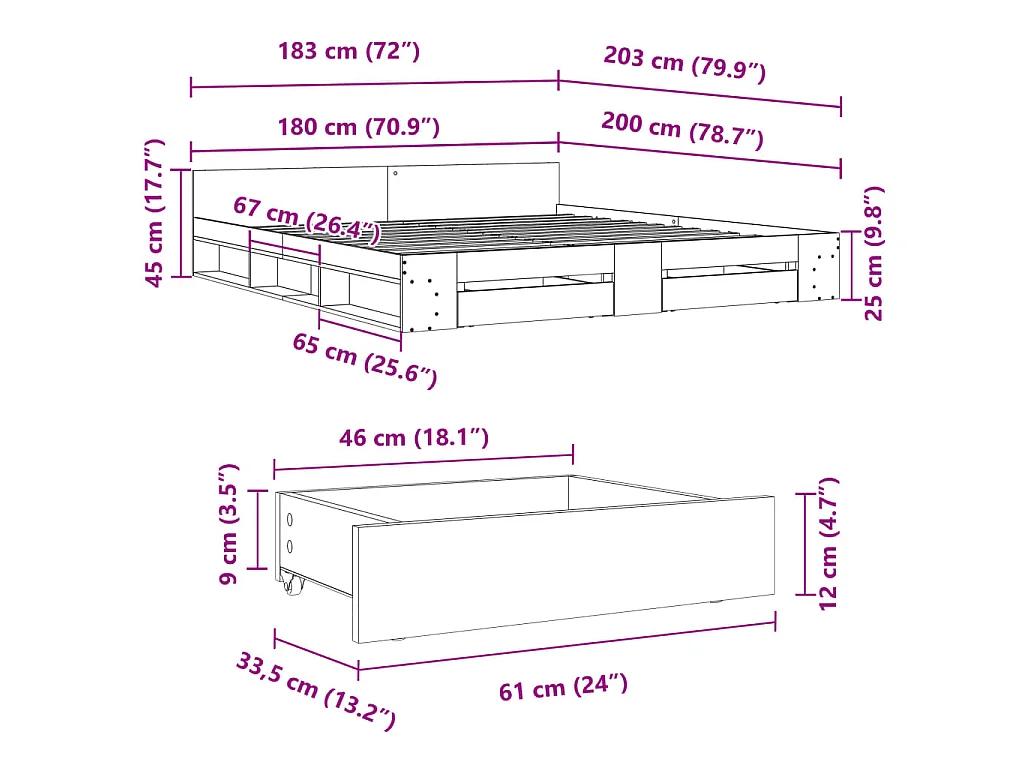 Giroletto con Cassetti Bianco 180x200 cm in Legno Multistrato