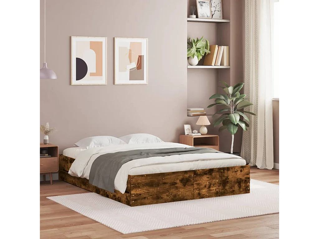 Cama con cajones madera de ingeniería roble ahumado 140x200 cm