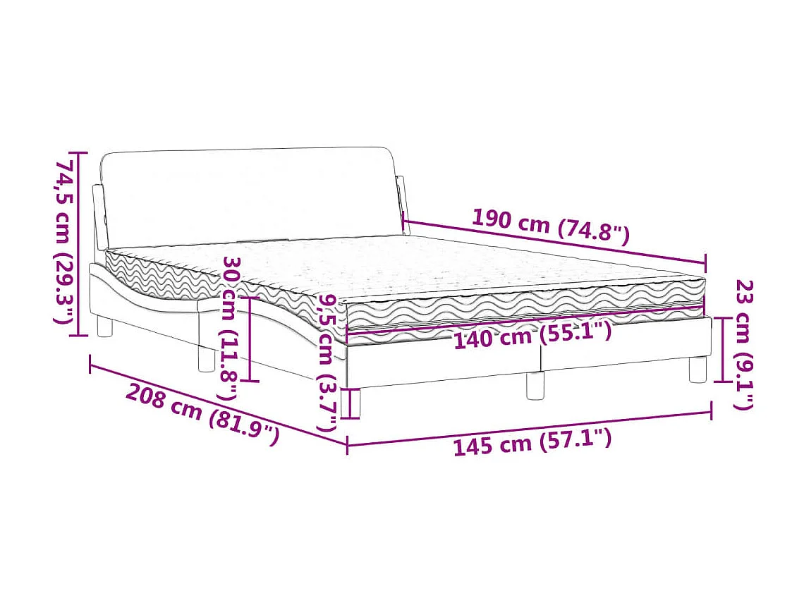 Lit avec matelas Dover gris clair 140x190 cm velours