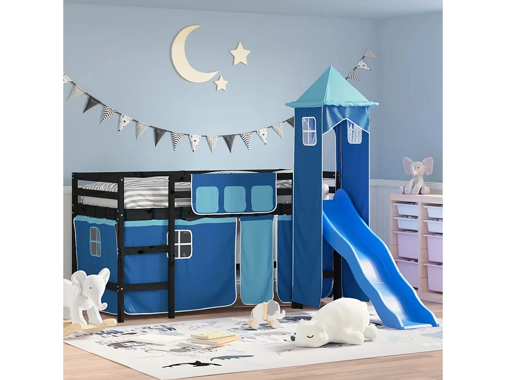 Kinderhoogslaper met toren 80x200 cm massief grenenhout blauw
