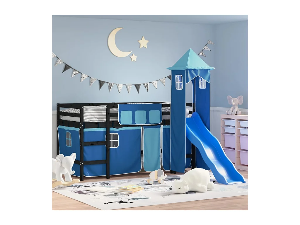 Lit mezzanine enfants avec tour sans matelas bleu 80x200 cm