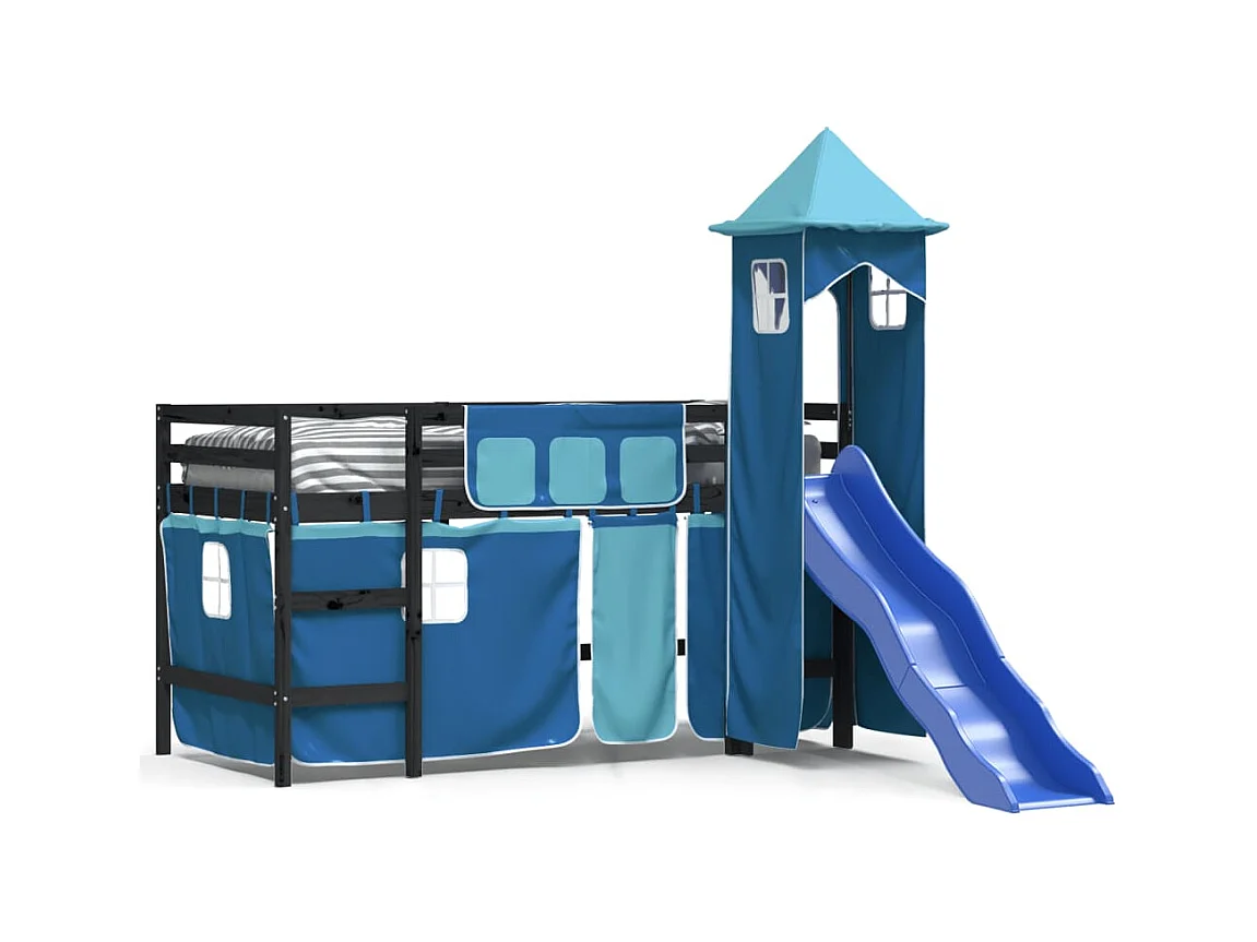 Kinderhochbett mit Turm Blau 80x200 cm Massivholz Kiefer